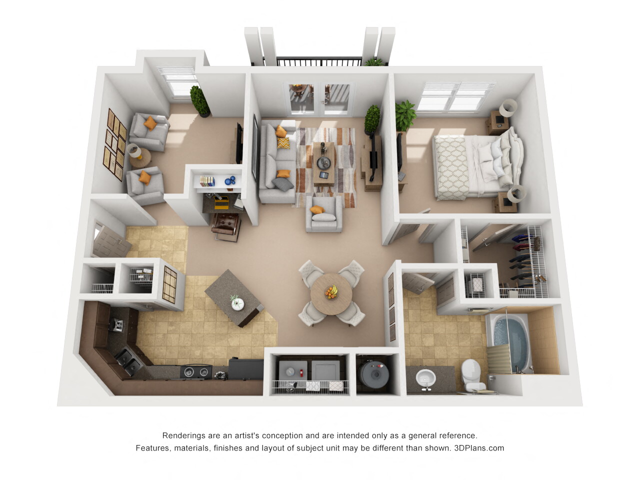 Floor plan for 1 bed, 1 bath, 898 sqft